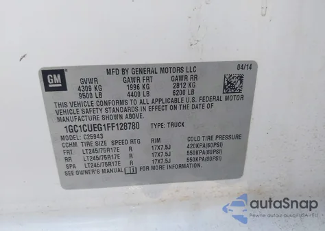 2015 Chevrolet Silverado 2500Hd Wt z USA, uszkodzony, nr VIN 1GC1CUEG1FF128780